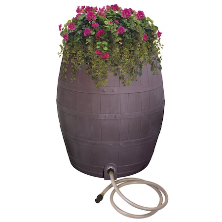Emsco Group 50-Gallon Whiskey Rain Barrel, Planter, Diverter, Outlet Hose, Flatback Design, Brown 2242-1